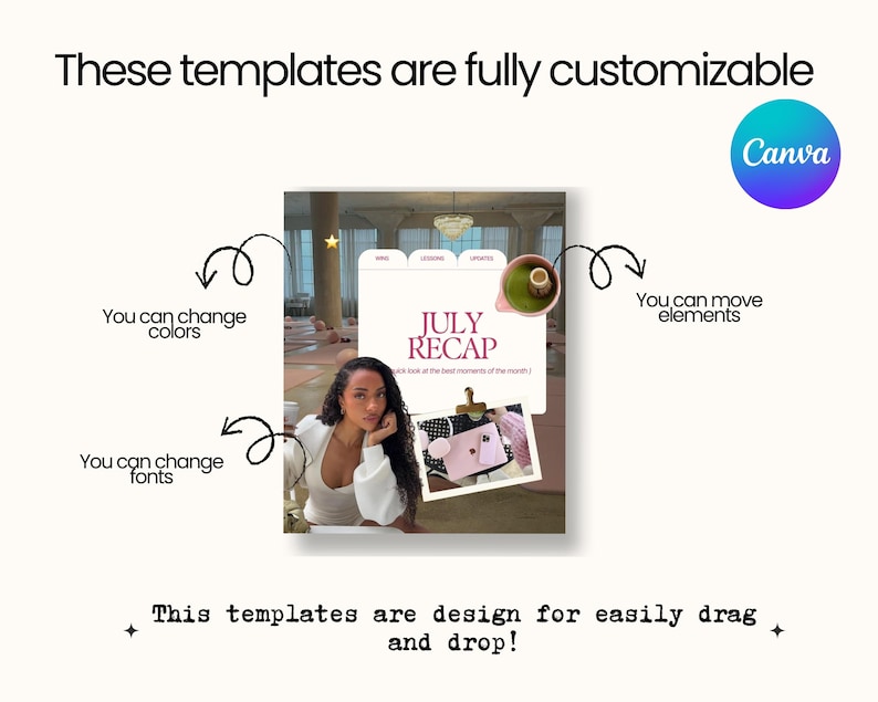 May include: A digital template for social media featuring the text 'JULY RECAP' and 'A quick look at the best moments of the month.' The design includes a photo of a person, a matcha drink, and a laptop, with Canva branding and instructional text.