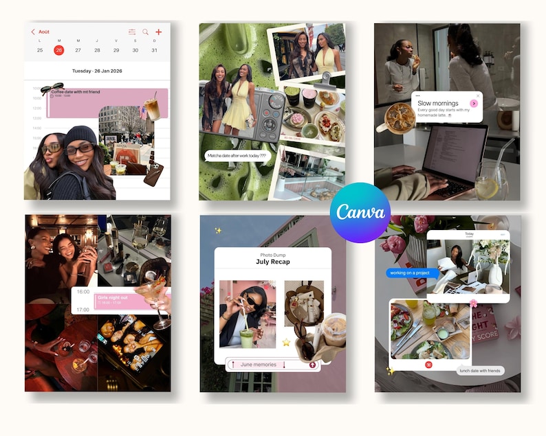 May include: A digital collage template featuring multiple photo frames, calendar views, and text overlays including "Tuesday - 26 Jan 2026", "Matcha date after work today ???", "Slow mornings", "July Recap", "June memories", and "lunch date with friends".