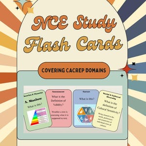May include: A retro-style graphic for NCE Study Flash Cards, covering CACREP domains. The design features text and illustrations on a cream background with a colorful, sunburst-like pattern. Includes flashcards on theories, assessment, career, and social diversity.