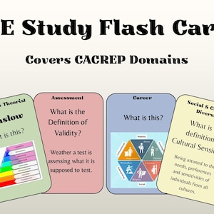 May include: A collection of flashcards for NCE study, covering CACREP domains. Each card features a different topic, including theories, assessment, career, and social & cultural diversity. The cards have rounded corners and contain text and graphics.