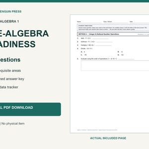 May include: A digital PDF download titled Origami Penguin Press Before Algebra 1 Pre-Algebra Readiness. The document includes 30 questions, 6 prerequisite areas, an answer key, and a class data tracker, shown on a US Letter page.