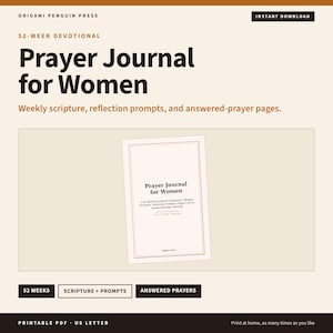 May include: A 52-week devotional prayer journal with a cream-colored cover and dark brown text. The cover reads Prayer Journal for Women, A 52-Week Devotional Companion, Weekly scripture, Reflection Prompts, Prayer Lists & Answered Prayer Records.