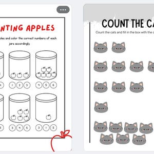 May include: Two black and white educational worksheets. One titled "COUNTING APPLES" with jars of apples to count. The other titled "COUNT THE CATS!" with gray cat illustrations to count and boxes to fill in.