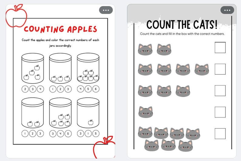 May include: Two black and white educational worksheets. One titled "COUNTING APPLES" with jars of apples to count. The other titled "COUNT THE CATS!" with gray cat illustrations to count and boxes to fill in.