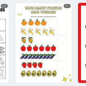 May include: Educational worksheets with counting exercises. One sheet features sea creatures, another asks to count fruits, and the last one instructs to draw watermelon seeds based on numbers. The worksheets are designed for early learning.