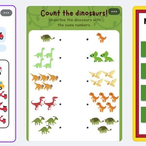 May include: Three educational worksheets for children. The first worksheet is titled "Let's count!" and features illustrations of vehicles. The second worksheet is titled "Count the dinosaurs!" and features illustrations of dinosaurs. The third worksheet is titled "MISSING NUMBERS".