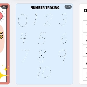 May include: Educational worksheets for children. The image shows three pages: "Counting Books!" with a cartoon illustration, a number tracing page with numbers 0-10, and a counting activity with sea creatures.