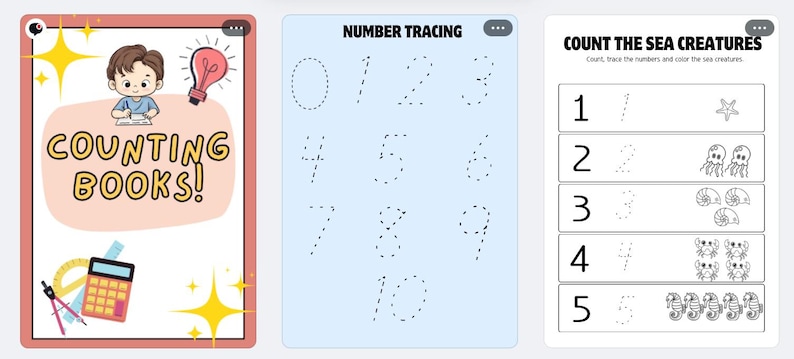 May include: Educational worksheets for children. The image shows three pages: "Counting Books!" with a cartoon illustration, a number tracing page with numbers 0-10, and a counting activity with sea creatures.