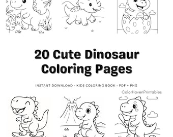 20 Dinosaur Coloring Pages for Kids – Cute Printable Dinosaur Coloring Book – T-Rex, Triceratops, Stegosaurus – Instant Download PDF + PNG