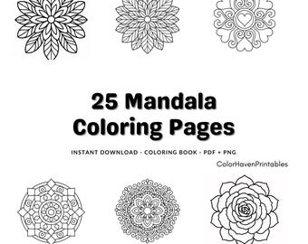 25枚の精巧なマンダラ塗り絵 - ストレス解消 (PDF + PNG)