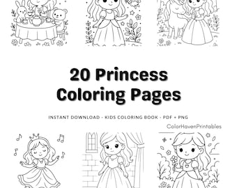 Puede incluir: Dibujos lineales en blanco y negro de 20 páginas para colorear de princesas. Las páginas presentan princesas con varios temas, incluyendo fiestas de té, hadas, unicornios y notas musicales. El texto "20 Princess Coloring Pages" se muestra de forma destacada.