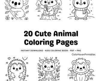 20 Cute Animal Coloring Pages for Kids – Printable Coloring Book – Baby Animals, Kawaii Animals – Instant Download PDF + PNG