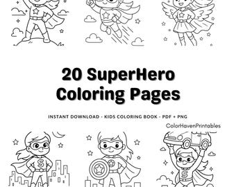 May include: Black and white illustrations of superheroes, including a boy and girl, with capes and masks. The text "20 SuperHero Coloring Pages" is displayed. The words "Instant Download" and "Kids Coloring Book" are also visible.