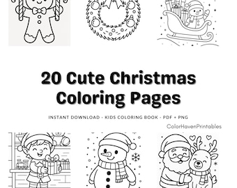 May include: Black and white line art illustrations of Christmas-themed characters and objects. Includes a gingerbread man, a wreath, a snowman in a sleigh, an elf, a snowman, and Santa with a reindeer. The text reads "20 Cute Christmas Coloring Pages."