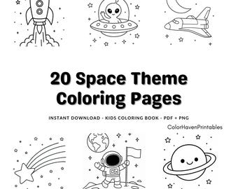 May include: Black and white line art illustrations of space-themed images, including a rocket, alien in a UFO, space shuttle, shooting star, astronaut, and a planet with a smiling face. The text reads "20 Space Theme Coloring Pages."