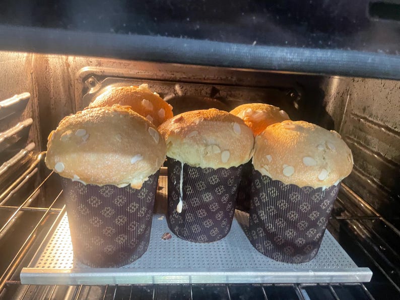 May include: Several freshly baked, golden-brown panettone cakes with almond toppings are in an oven. The cakes are in decorative paper molds with a dark brown floral pattern. The oven light illuminates the baked goods.