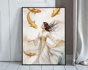 Golden Koi Fish Wall Art – Japanese Asian Decor (Printable)