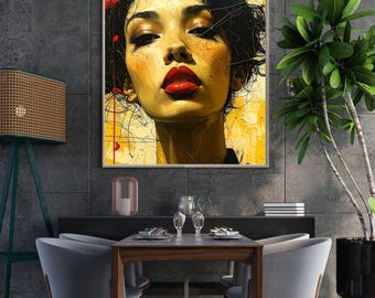Red Lips Golden Chaos – Modern Portrait Pop Art Print