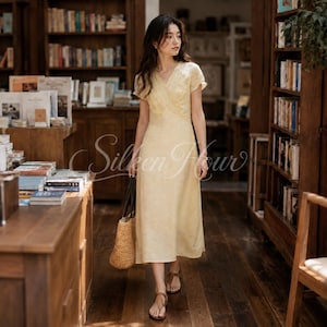 Cotton Linen V Necked Midi Dress | Draped Waist Summer Style | Short Sleeve Flowy Dress