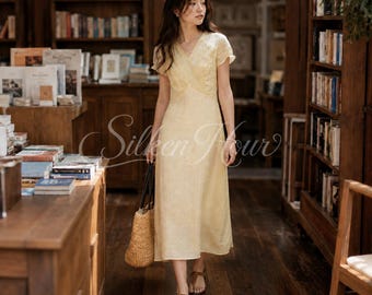 Cotton Linen V Necked Midi Dress | Draped Waist Summer Style | Short Sleeve Flowy Dress