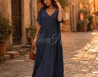 Organic Boho Cotton V Necked Midi Dress | Long Flared Short Sleeve Dress