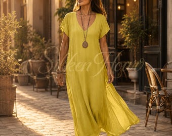 Organic Cotton Linen Boho Midi Dress | Raglan Sleeve V Necked A-Line Skirted Summer Dress