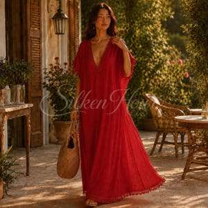 Linen Boho Maxi Dress | Lace Trim V-Neck Flowy Summer A-Line | Vintage Style