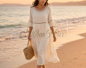 Pleated Cotton Boho Midi Dress | Round Neck Summer Outfit | Loose Casual Dress for Women