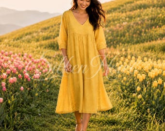 Linen Boho Midi Dress | Lace Trim A-Line Summer V-Neck Style | Women's Casual Wear