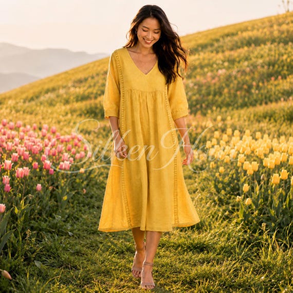 Linen Boho Midi Dress | Lace Trim A-Line Summer V-Neck Style | Women's Casual Wear