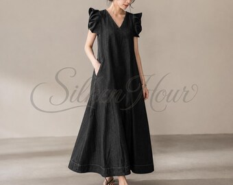 Organic Cotton Midi Dress | Boho V-Necked Short Sleeve Dress | Pockets Summer Style