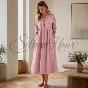 Cotton Linen Boho Smocked Midi Dress | Loose 3/4 Sleeve A-Line Summer Dress