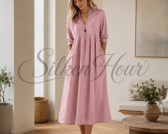 Cotton Linen Boho Smocked Midi Dress | Loose 3/4 Sleeve A-Line Summer Dress