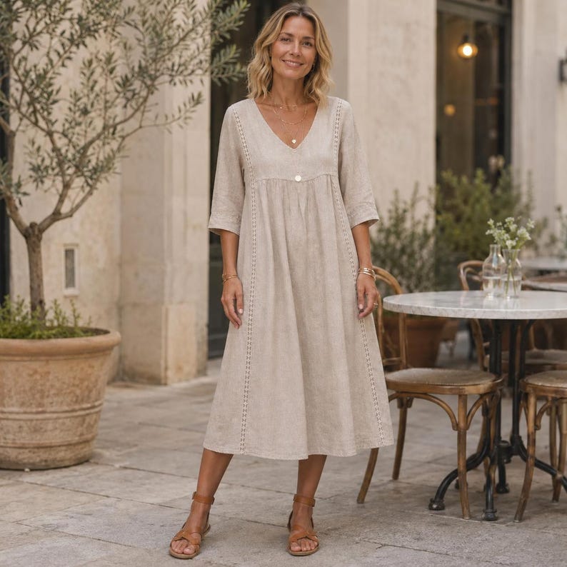 May include: A beige midi-length dress with a V-neckline, three-quarter length sleeves, and vertical lace trim detailing along the bodice. The dress features a loose, flowing silhouette and a single button closure at the center of the chest.