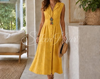 Cotton Linen Boho Maxi Dressed | Collared Buttoned Sleeveless Summer A-Line Skirt