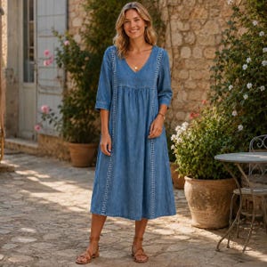 May include: A midi-length blue denim dress featuring a V-neckline, three-quarter length sleeves, and vertical white lace trim detailing along the front bodice and skirt. The dress has a loose, flowing silhouette with a gathered waistline.