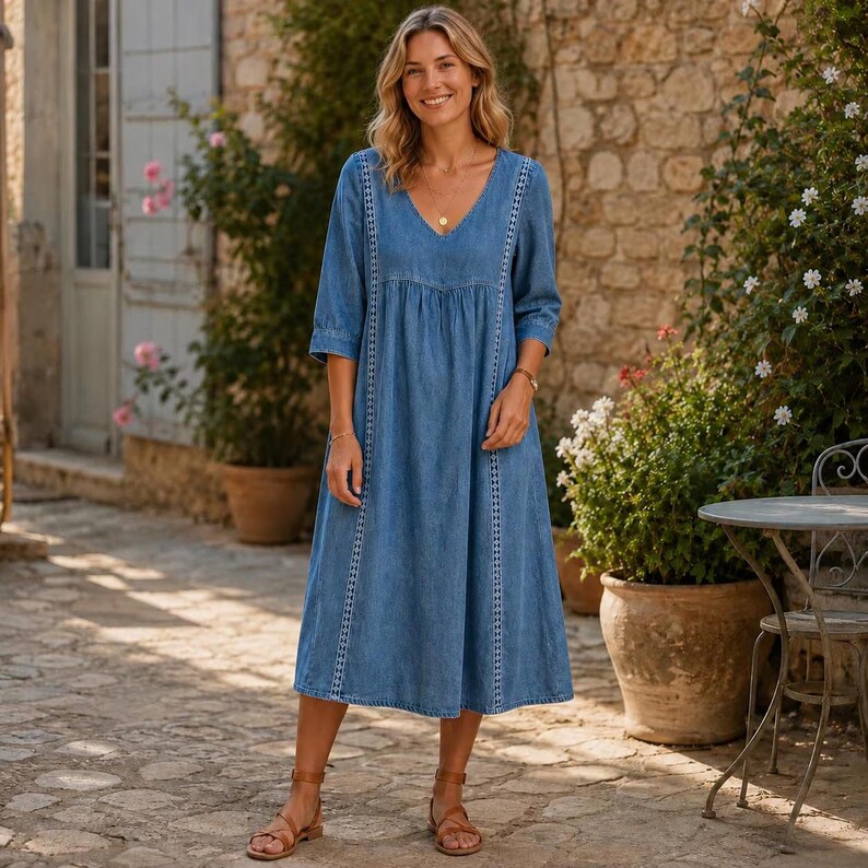 May include: A midi-length blue denim dress featuring a V-neckline, three-quarter length sleeves, and vertical white lace trim detailing along the front bodice and skirt. The dress has a loose, flowing silhouette with a gathered waistline.