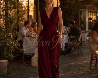 Flowy V-Neck Maxi Jumpsuit | Batwing Sleeve Wide Leg Resort Wear