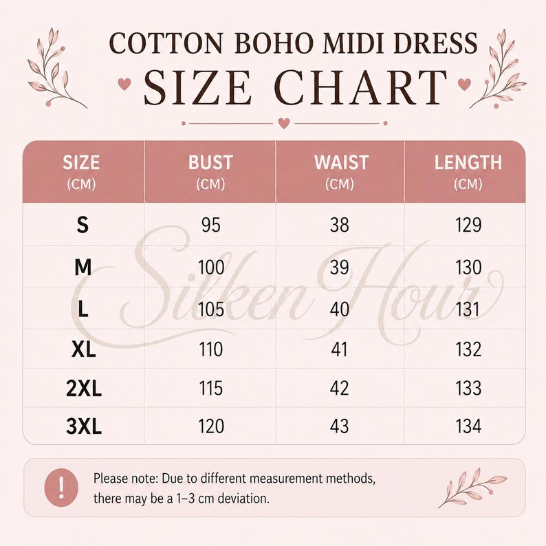 May include: A size chart for a cotton boho midi dress with a light pink background. The table lists sizes S through 3XL with corresponding bust, waist, and length measurements in centimeters. It includes a note about a 1-3 cm measurement deviation.