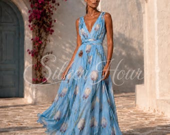 Floral V Necked Maxi Dress | Sleeveless A line Wedding Guest Dress | Gifte-for-her