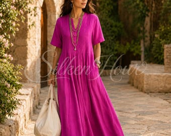 Organic Cotton Boho Midi Dress | Pleated V Necked Summer Style Dress