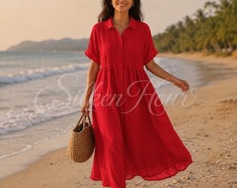 Cotton Boho Maxi Dress | Lapel Button Shirt Dress | Loose Pleated Short Sleeved Summer Skirt