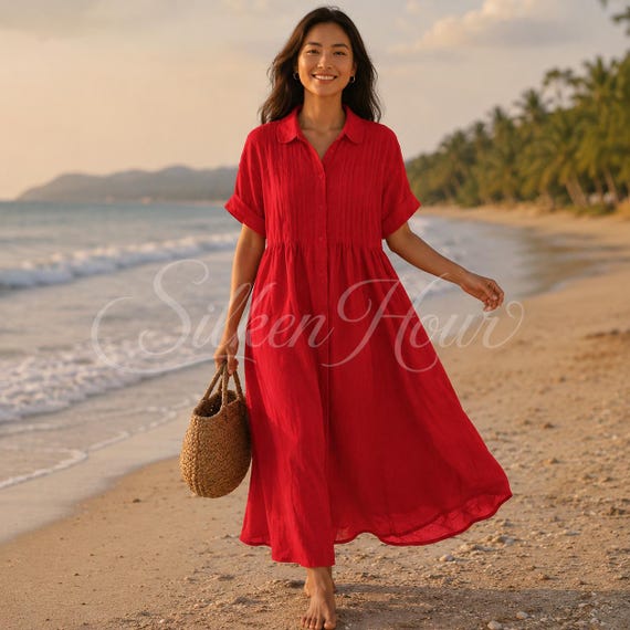 boho button down dress Cotton Maxi | Lapel Shirt Dress | Loose Pleated Short Sleeved Summer Skirt Perfect for family gatherings hood Antonio Black Long Sleeve Size:Confident