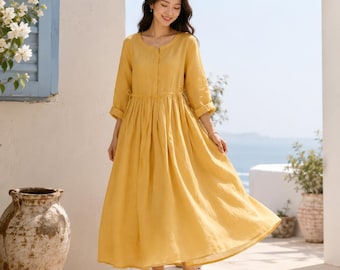 Japanese Style Cotton Linen Boho Midi Dress | Flowly Summer Crewnecked A-Line Skirted