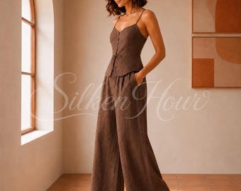 Handmade Cotton Linen Sleeveless Set | Wide Trouser & Vest Set | Casual Summer Two Piece Outfit