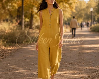 Cotton Linen Wide Leg Jumpsuite | Sleeveless V Necked Button Front Summer Outfit