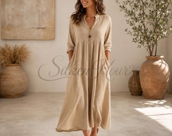 Cotton Linen Boho Smocked Midi Dress | Loose 3/4 Sleeve A-Line Summer Dress