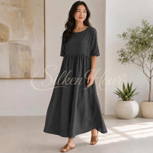 Oversized Cotton Boho Midi Dress | Loose Round Neck Quarter Sleeves | Handmade A-Line Skirt