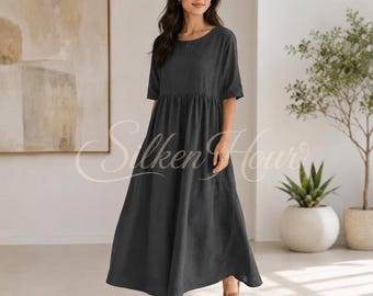 Oversized Cotton Boho Midi Dress | Loose Round Neck Quarter Sleeves | Handmade A-Line Skirt