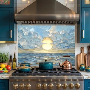 May include: A kitchen scene featuring a stainless steel range hood and a gas stove with teal pots. A colorful backsplash depicts a sunset over the ocean. The kitchen has teal cabinets, gold hardware, and a bowl of fruit.